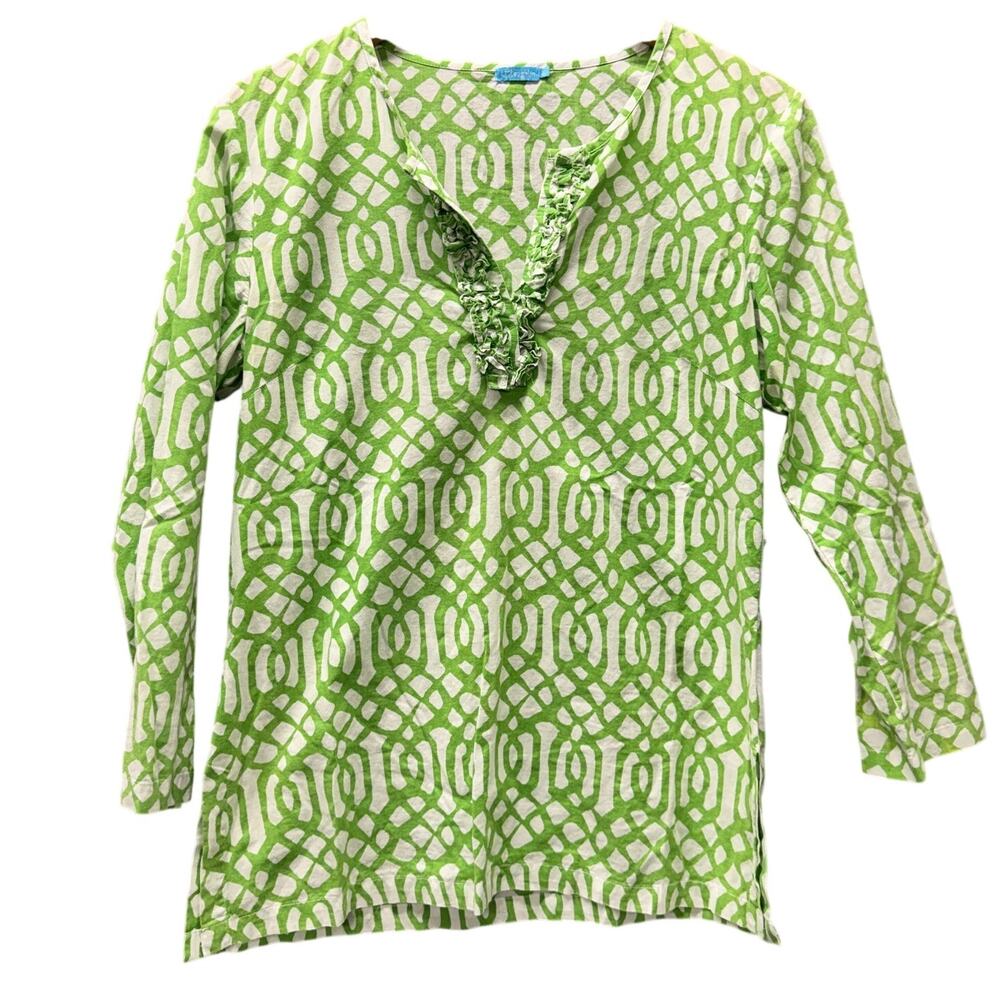J McLaughlin Tunic Top Green White Cotton Coastal V-Neck 3/4 Sleeve Womens Small